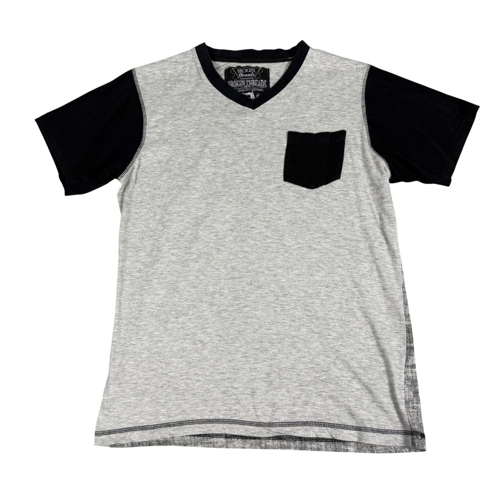 Broken Threads Mens Gray Black V-Neck Pocket T-Shirt Medium Short Sleeve